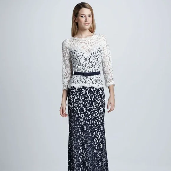 Elegant Tadashi Shoji Formal Illusion Lace Two-Tone Cream Black Gown W/ … - Picture 1 of 13